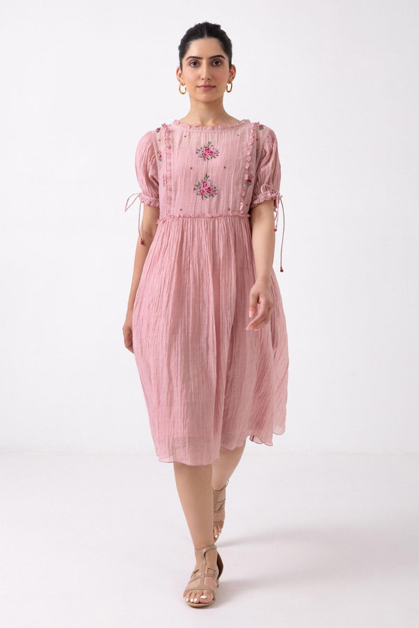 Pink Chanderi Embroidery Floral Round Placement Dress