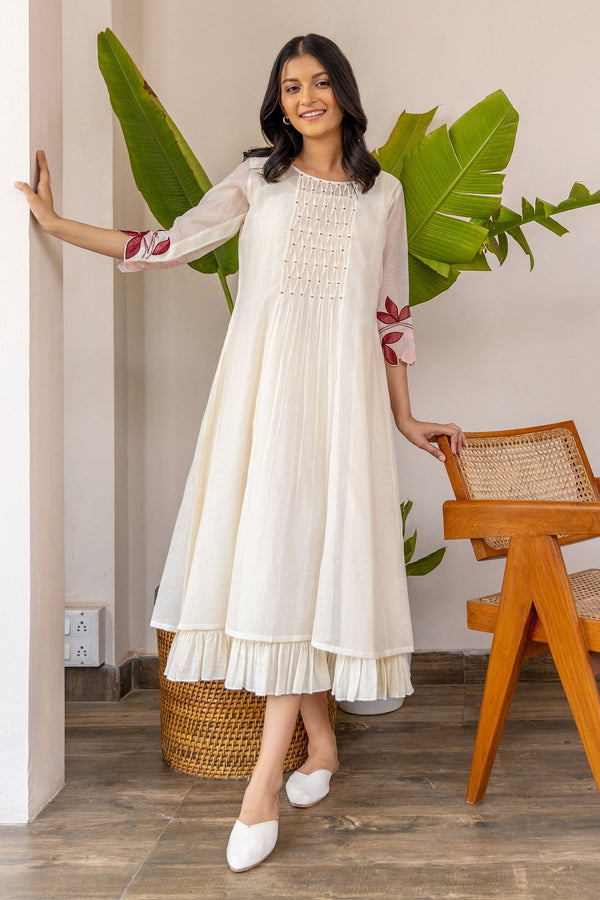 White Chanderi Embroidery Floral Round Smocked Dress