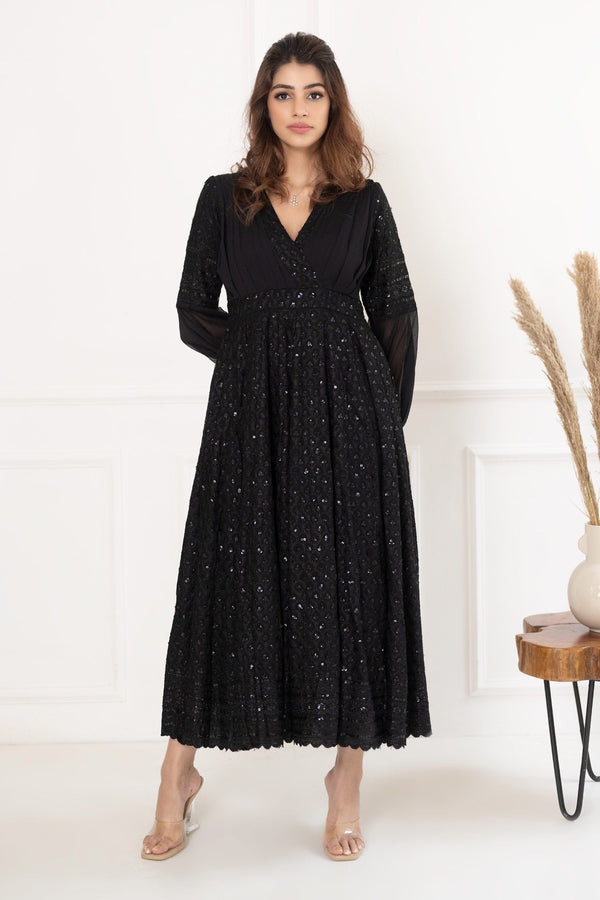 Black Rayon Hand Embroidered Sequin V Neck Detailed Dress
