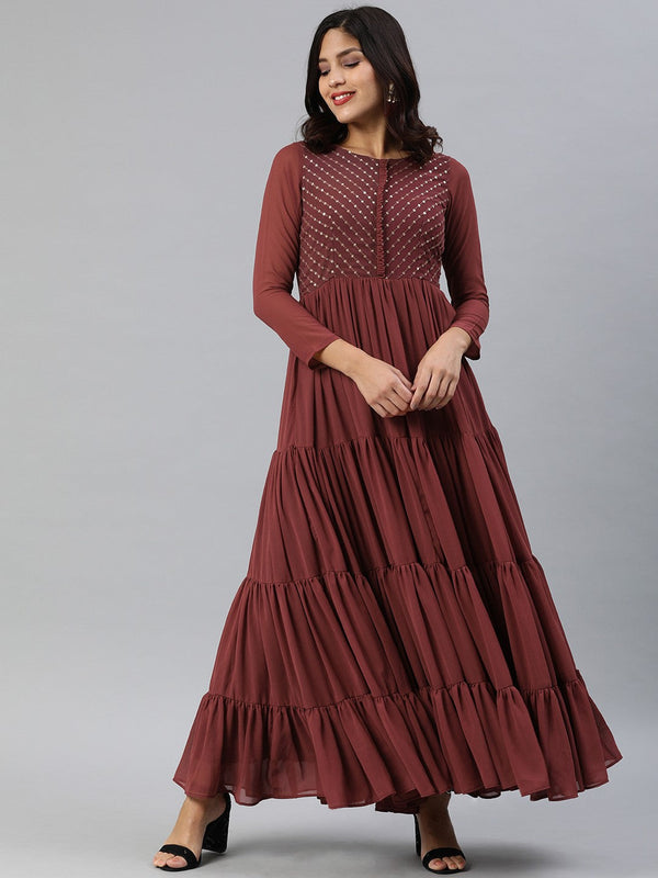 Maroon Georgette Embroidered Tiered & Flared Maxi Dress