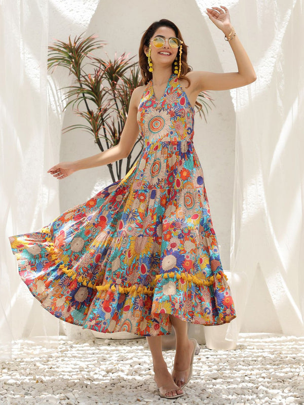 Floral Printed Pure Cotton Fit & Flare Ethnic Dress