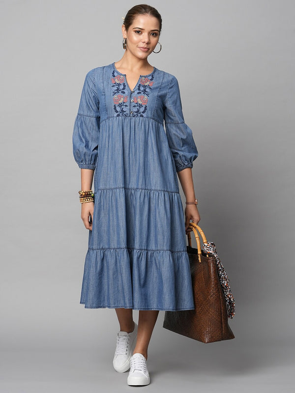 Denim Embroidered A-Line Midi Casual Dress