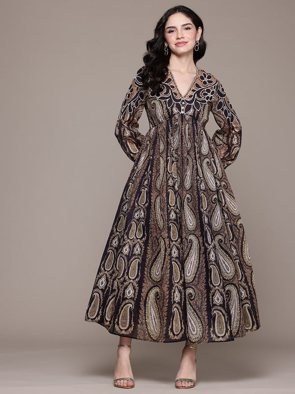 Paisley Print Puff Sleeves Empire Maxi Dress