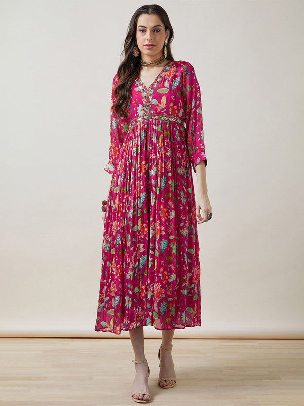 Women Chinon Floral Print Dress With Mirror Work
