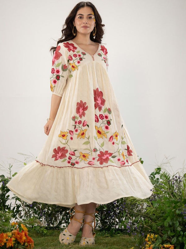 Women Floral Embroidered Cotton Fit & Flare Midi Dress