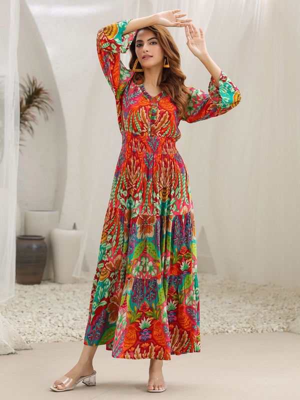 Women Abstract Printed Fit & Flare Maxi Ethnic Dress