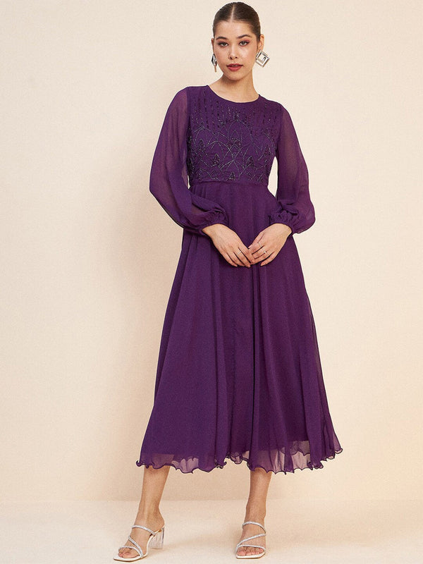 Purple Embellished Puff Sleeves Gathered Fit & Flare Midi Dress
