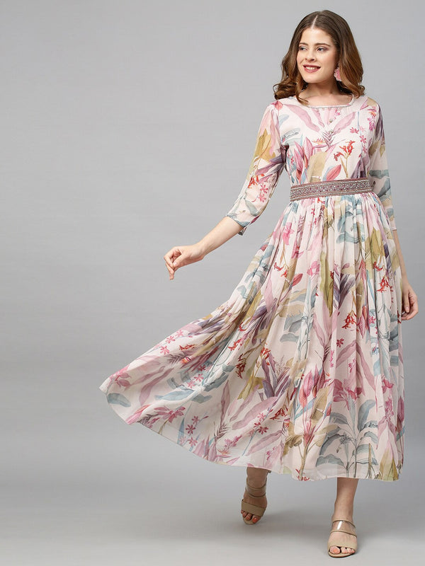 Multicoloured Floral Printed & Hand Embroidered Flared Maxi Dress with Belt