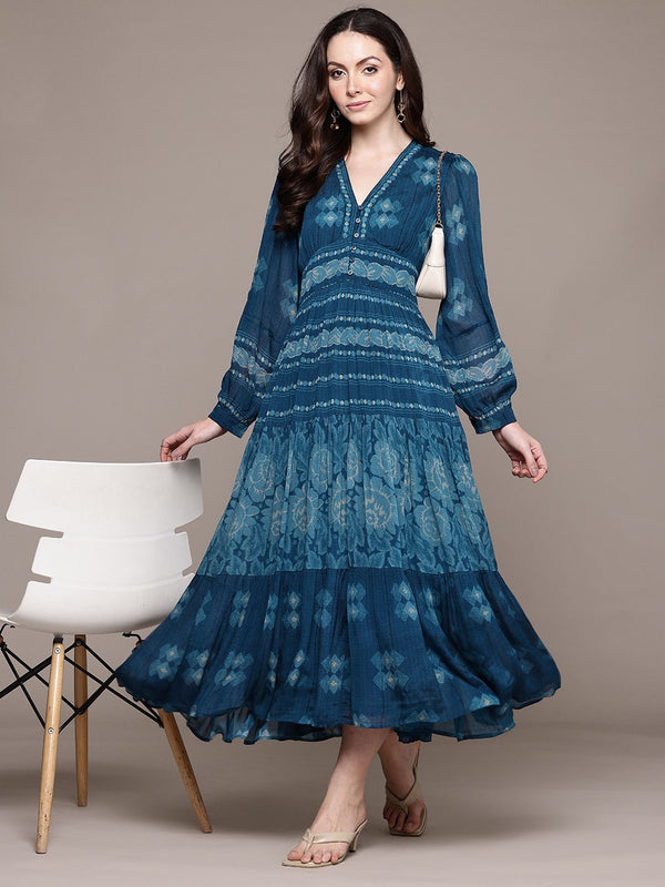 Print Bishop Sleeve Chiffon Fit & Flare Maxi Dress