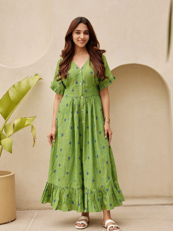Floral Print V-Neck Regular Sleeves Organic Cotton Maxi Dress
