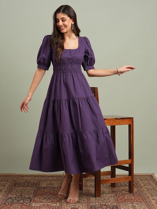 Square Neck Puff Sleeves Solid Tiered Fit & Flare Maxi Resort Dress