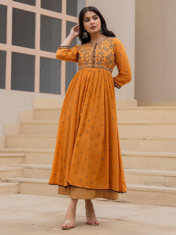 Women Floral Embroidered Cotton Fit & Flare Maxi Dress